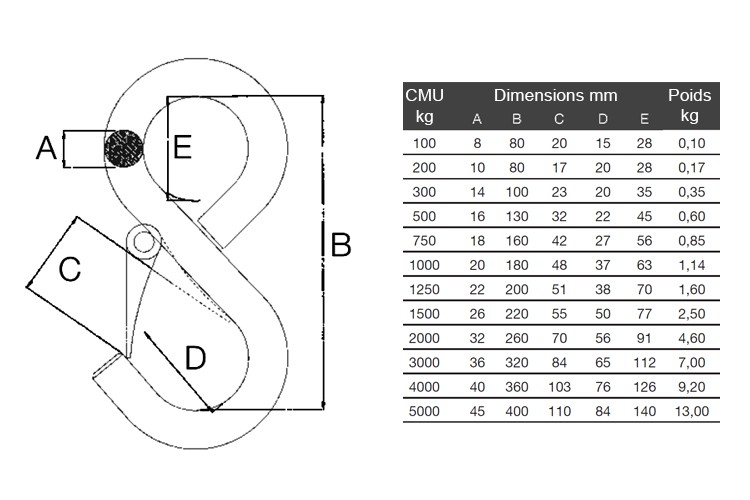 Crochet de levage à oeil standard linguet de sécurité 1250 kg 5120A
